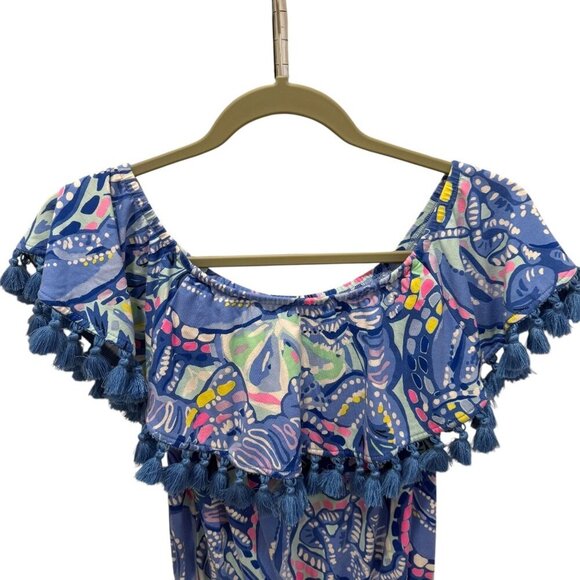 Lilly Pulitzer Blue Tropical Print Pom-Pom Off-Shoulder Romper XXS - Picture 2 of 7